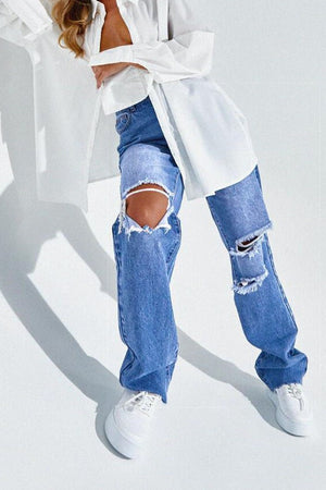 Blue Wash Ripped Long Leg Straight Jeans