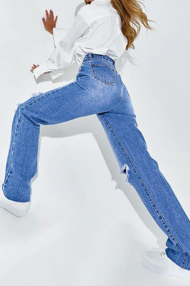 Blue Wash Ripped Long Leg Straight Jeans – spicyshell